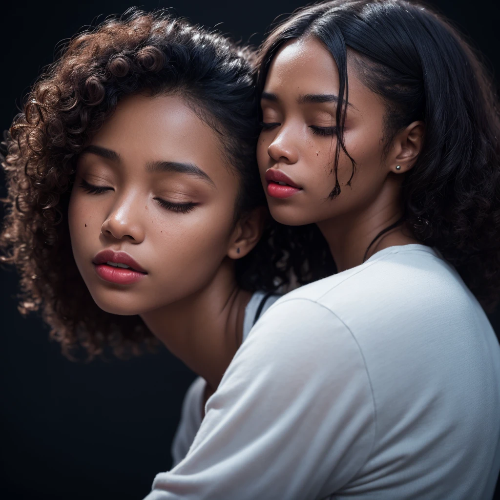 one beautiful girl, ebony skin, light African skin, curly hair, red lips, eyes closed, face dirty with dust and blood, away from the camera, showing from the waist up, blue light reflecting on their face from the side, black background, realistic, work of art