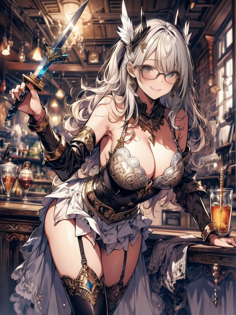 (Highest quality, masterpiece), (Ultra-high resolution, 8k RAW photos, Photorealistic:1.5, Cinema Lighting, Fabric Shading, Thin contours, Clear focus:1.2), Beautiful mature woman, Leaning forward, Long legs, Gray Hair, (Wearing thin glasses:1.5), (Mature Woman:1.5, 28 years old, alone),  (1 female:1.6), (Large Breasts, Saggy breasts, big , Tight waist), whole bodyesbian, (medium short Gray Hair, Hair on one eye, (Updo:1.2), Side Lock, Asymmetrical Hair, Wavy Hair), (thin and bright pupils, Highlighted, detailed eyes:1.3, A face with attention to detail, perfect face shape, Bloodshot eyes), (A seductive smile, Half-close your eyes:1.2), (Looking at the audience:1.3), (Dutch Angle, whole body:0.3, From below:1.2), ((Correct Anatomy:1.5, The right move)), (Ideal body proportions),(((Fluttering lace flared mini skirt, Sexy silver armor with attention to detail:1.5、red and black boots、Silver Helmet、Silver Gauntlets、Jeweled、Gold decoration)))、Slender、(Thighs Thighs Thighs Thighs:0.8)、(At the bar、Artistic stained glass、Hello Point、Mysteriouany feathers floating、Angelic、Particles of light、Solemn、Nikko is、colorful、Fantastic:1.2)、(Fantastic:1.3)、(Has a big sword:1.6)、Cross Necklace:1.2