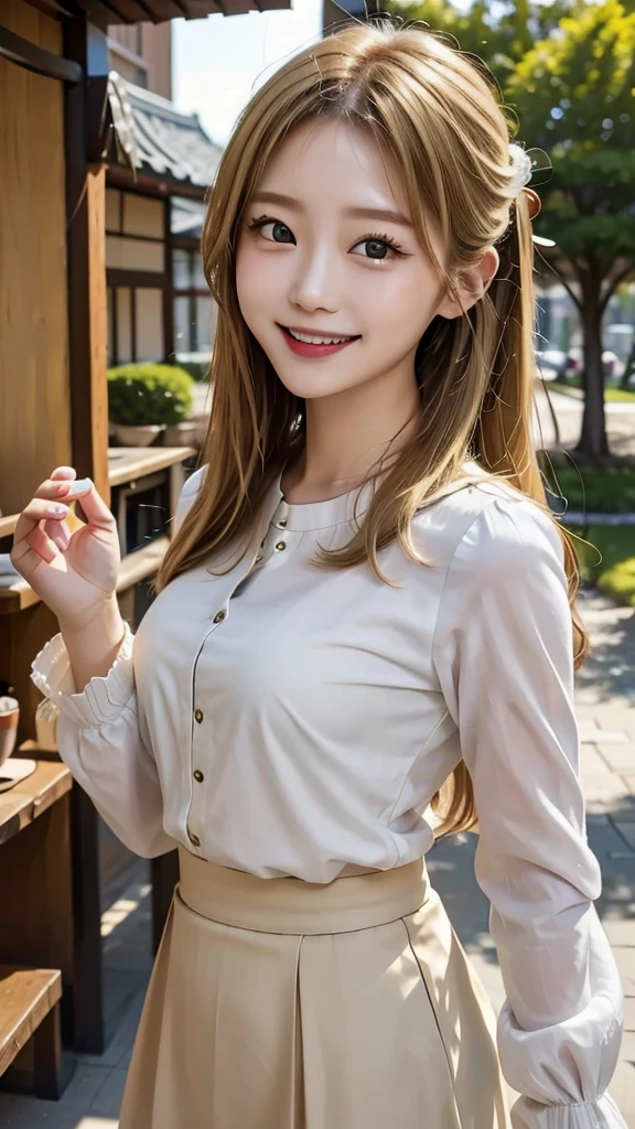 Highest quality、Highest quality、8K、masterpiece、Golden Hair、Blonde Hair、High ponytail、Gal、summer、smile、looks fun、Young Japanese woman、White blouse、Tight Skirt、secretary、office、、Working