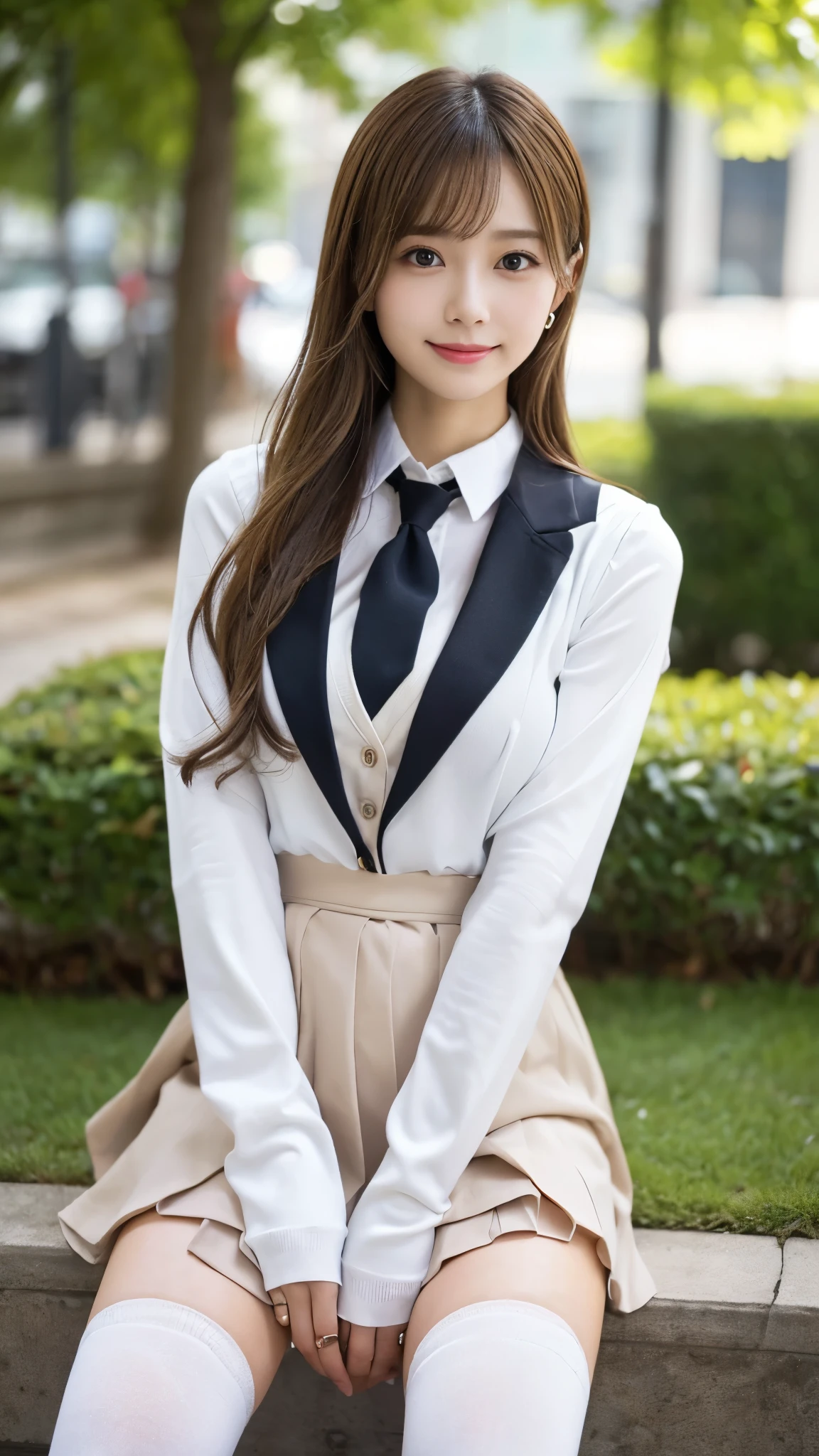 (Detailed skin:1.2),(Shiny skin:1.1),8K,Highest quality, masterpiece, Ultra-high resolution,(Realistic:1.4), RAW Photos,(Soft saturation:1.3),(Fair skin:1.2),Japanese Idols,repair,20 years, Light brown hair, (Long Hairstyles:1.2), Asymmetrical Hair, Asymmetrical bangs (Pretty face:1.4), (Large Breasts, Tight waist), Beautiful lighting, Small Head, (Student Uniform:1.2,),((White knee-high socks:1.2)),Highly detailed face, Highly detailed lips, fine grain, double eyelid,(Full Body Shot:1.2), Browsing Caution, (Sharp focus: 1.2), (Perfect Anatomy、Beautiful woman with perfect figure: 1.2)、Exposing cleavage、Model-like pose,Accentuate your leg lines、Smiling