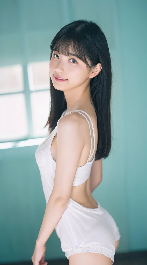 Innocent 20 year old girl、((White tank top, Dramatic poses)),Smile,short-cut,Natural park、Raw photo, (8K、top-quality、masterpiece:1.2)、(intricate detailes:1.4)、(Photorealsitic:1.4)、octane renderings、Complex 3D rendering ultra detail, Studio Soft Light, Rim Lights, vibrant detail, super detailing, realistic skin textures, Detail Face, Beautiful detail eyes, Very detailed CG Unity 16k wallpaper, make - up, (detailedbackground:1.2), shinny skin, Full body、cleavage of the breast,((Standing with hands folded behind your back、Leaning forward、Angle from above))