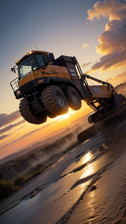 raw, orange lonking wheel loader LG 833 sand desert rocky quarry, epic, absurdres, cinematic, dynamic view angle, volumetric lights, mist, cinematic, dutch angle, quarry, dust, volumetric lights, wet road after rain, mist, sunset, sun low on horizon, clouds, sand-works, heavy equipment work, landmark project, lifting sand,