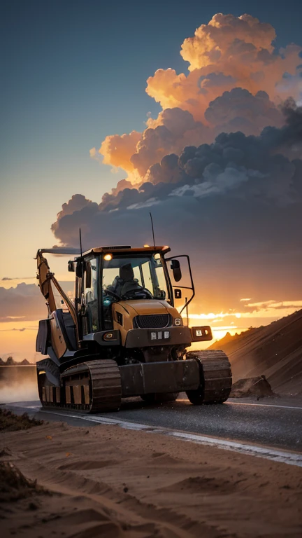 raw, orange lonking wheel loader LG 833 sand desert rocky quarry, epic, absurdres, cinematic, dynamic view angle, volumetric lights, mist, cinematic, dutch angle, quarry, dust, volumetric lights, wet road after rain, mist, sunset, sun low on horizon, clouds, sand-works, heavy equipment work, landmark project, lifting sand,