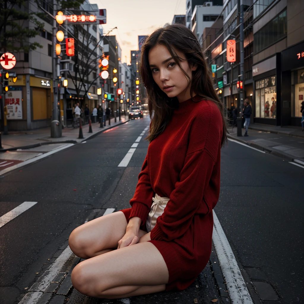 Female supermodel. Red sweater. Sitting in the middle of road. Dim, soft lighting. Sunset. Chuo-dori Avenue, Tokyo, Japan.