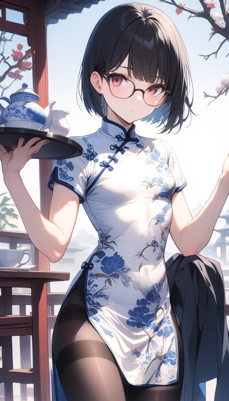 solo,1boy,black stockings, bulge,standing,holding tray,red eyes,small pectorals,glasses,skirt up,black hair,pruplr hair,long bangs,short hair,bob cut,blue and white porcelain chinese-style clothing,blue and white porcelain Chinese dress,blue and white porcelain chinese qipao,blue and white porcelain print dress,headdress,pink apron,teahouse