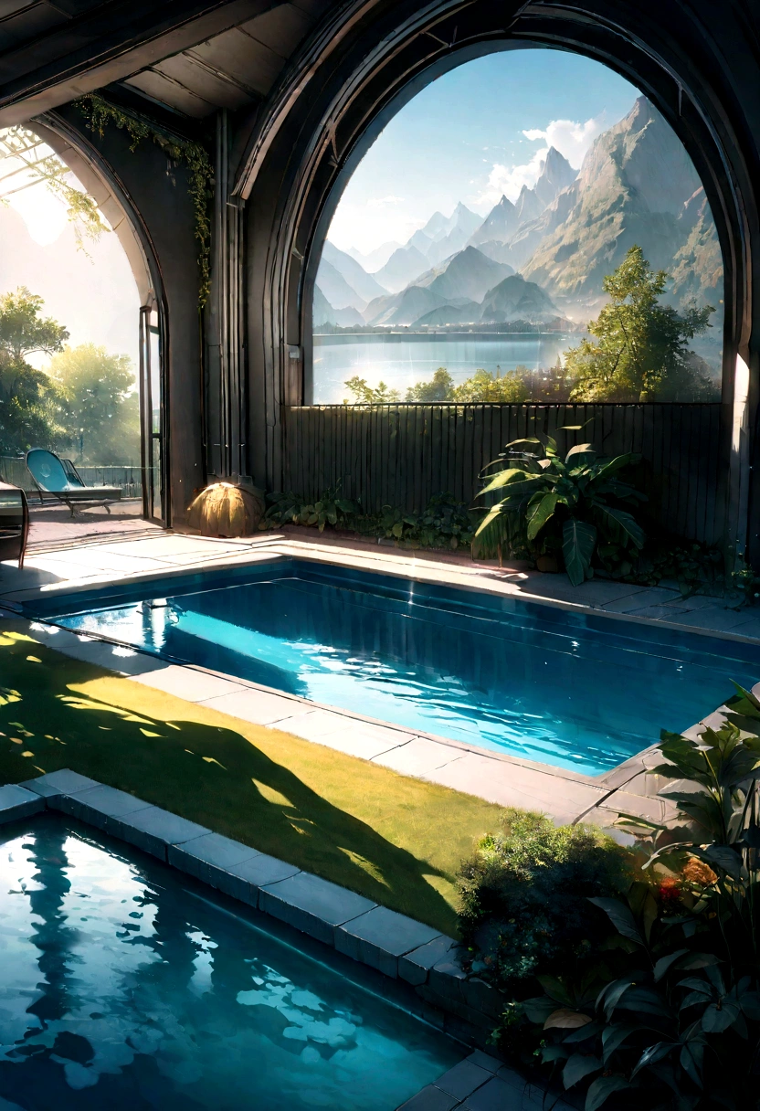 A house with futuristic technology，Three-story building，Against the mountain，Overlooking the lake，Huge swimming pool，Modern architecture， Hyper detailed photos，build，complicated，shading, High Dynamic Range (High dynamic range)，Dynamic Lighting, Realistic, nature, Soft Light, 低H, masterpiece, Detailed 8K，There are many details，Extra Large, Floor-to-ceiling glass，テクノロジーとnatureの組み合わせ，Has a super cool look，