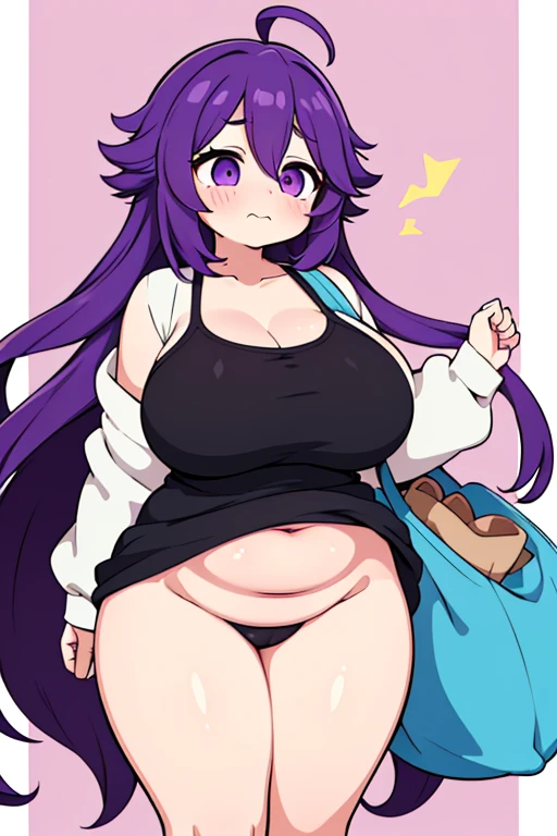 Cute naughty Artificer mother, Pastel colors hair, (overwhelmingly huge breasts:1.2, Thighs:1.2, thick legs:1.2, curvy:1.2, towering stature:1.6, massive fat thick unnatural belly, Plump), purple eyes, (hair over one eyes:1.3, ahoge, messy hair:1.2, tired hair:1.2, flipped hair, very long hair, bags under eyes:1.3), black hair, (purple hair:1.1), (blush:1.2, emberrased:1.2, quiet personality:1.2, scared:1.2, looking away, wavy mouth, shy), naked, hand over face