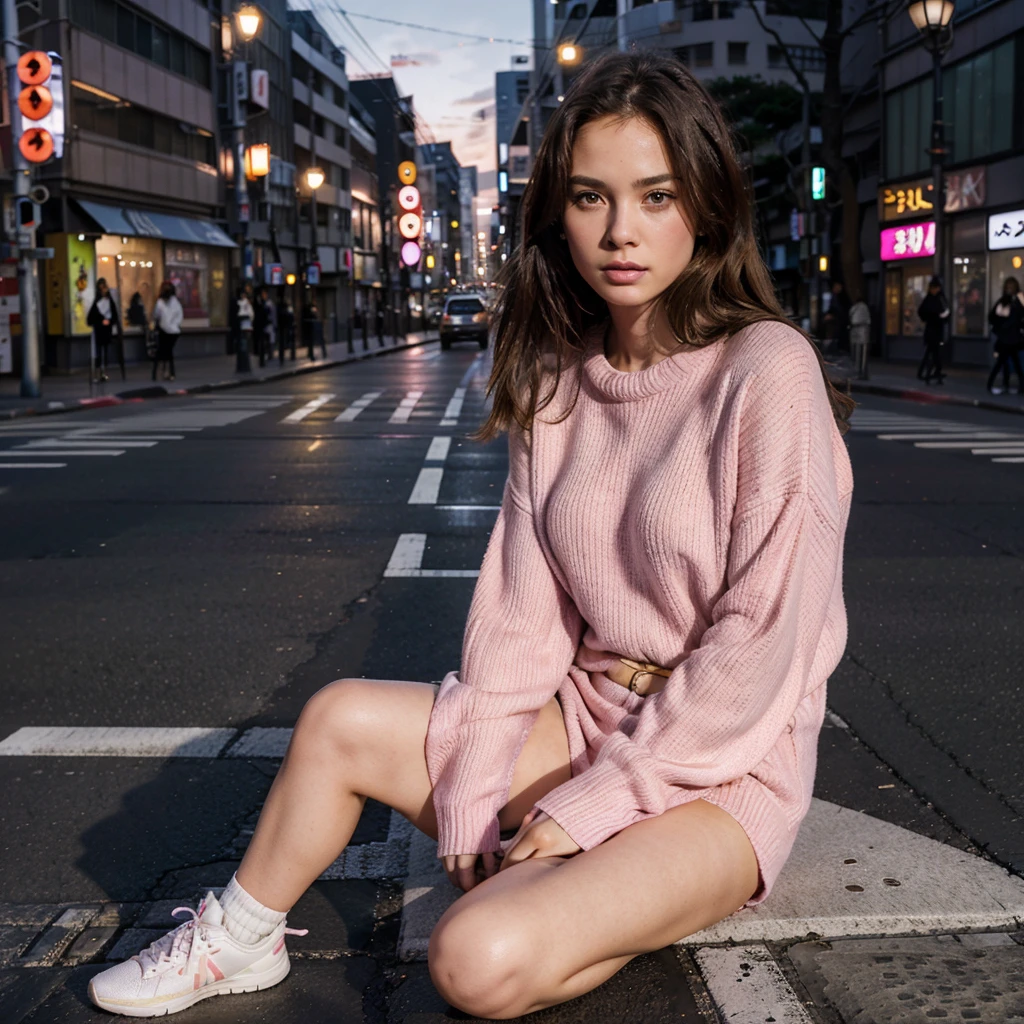 Female supermodel. Pink sweater. Sitting in the middle of road. Dim, soft lighting. Sunset. Chuo-dori Avenue, Tokyo, Japan.