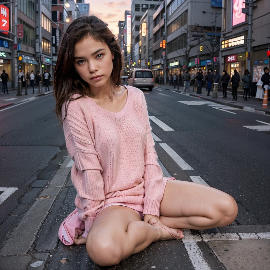 Female supermodel. Pink sweater. Sitting in the middle of road. Dim, soft lighting. Sunset. Chuo-dori Avenue, Tokyo, Japan.