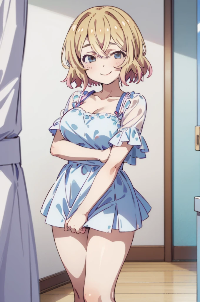 1girl, aida mana, dokidoki! precure, ribbon, medium breasts, undressing, embarrassed, blush, clenched teeth, fitting room, looking at viewer, cowboy shot, nsfw, anime screencap, {aesthetic, great quality, absurdres}