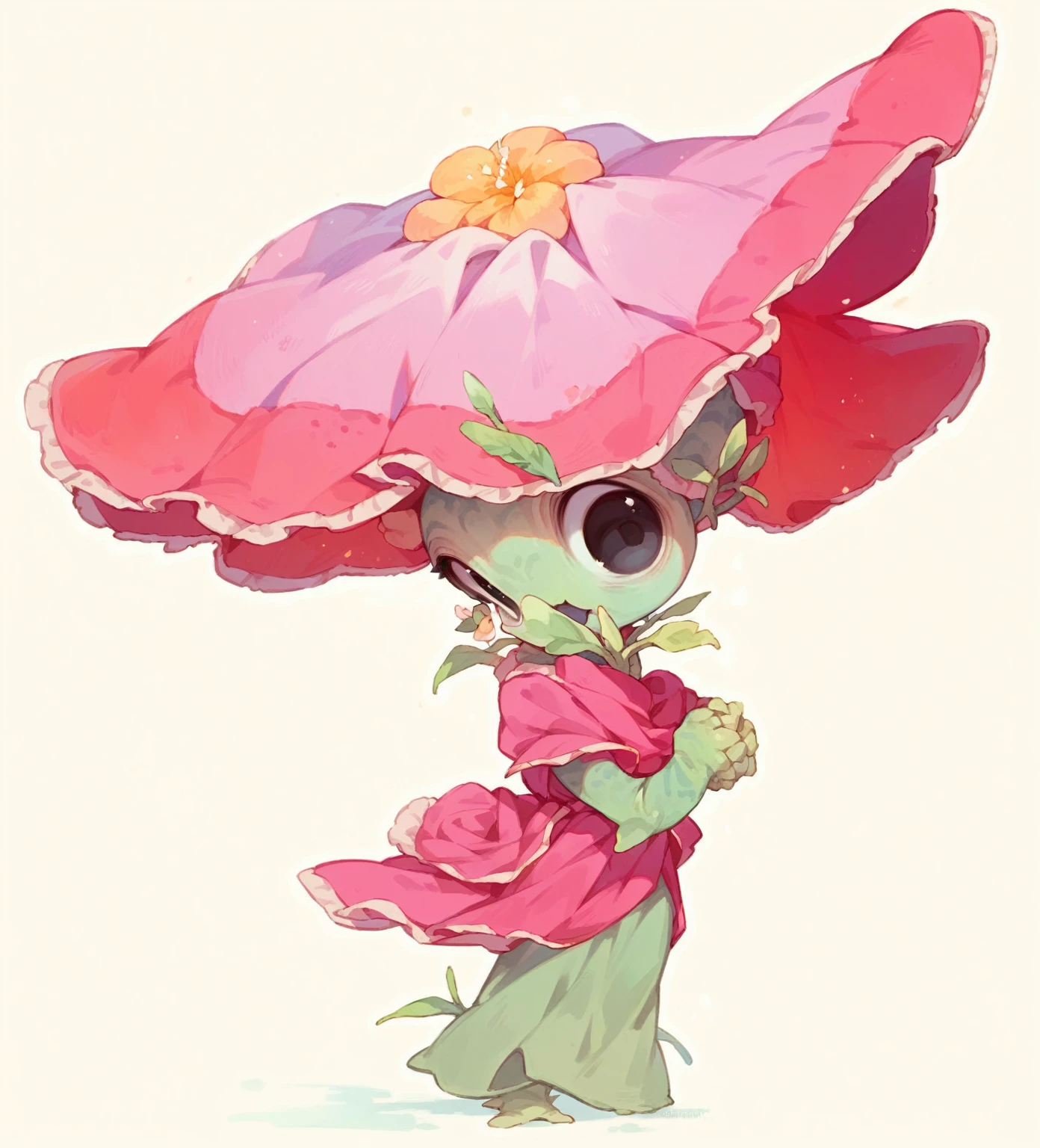 (Cute flower monster:1.5), (Cestrum nocturnum in her head:1.2), big eyes, full black eyes, cleric outfit