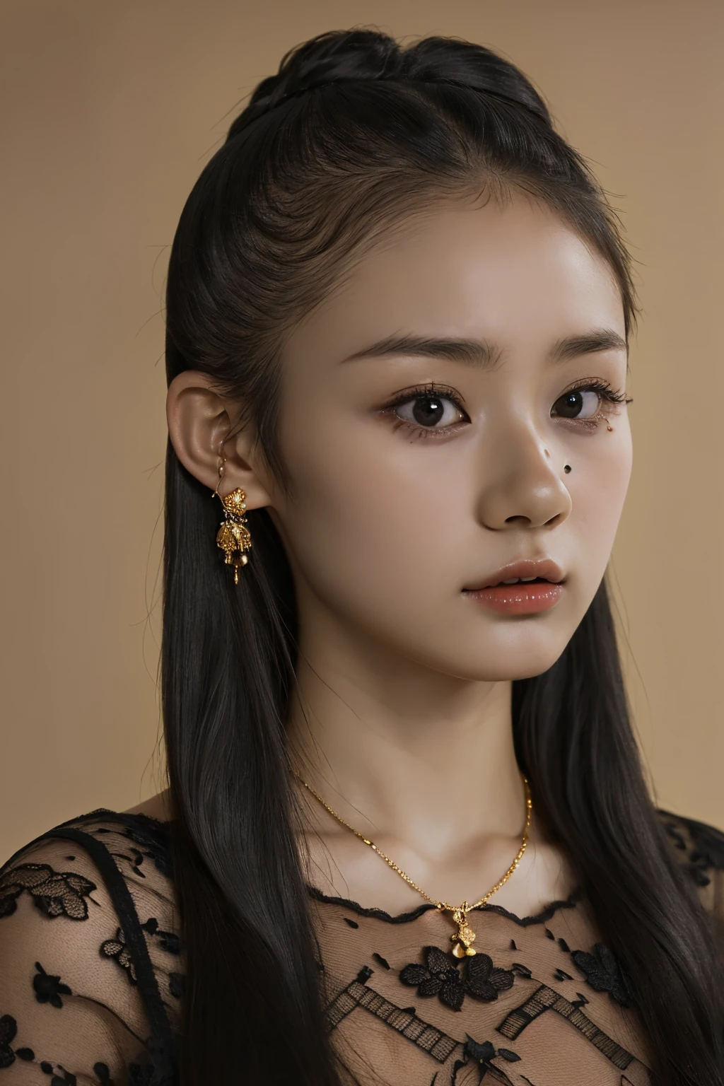 ((((upper body shot)))),(((nude))),(((nipples))),(((sagging breasts))),Ultra-high resolution,big eyes,Japanese,(forehead),(a girl),(1 girl),(()),((cute)),pretty,earring,((facing at viewer)),necklace,((long hair)),(gold hair accessories)