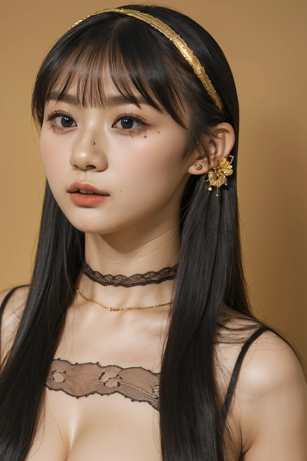((((upper body shot)))),(((nude))),((((nipples)))),(((sagging breasts))),Ultra-high resolution,big eyes,Japanese,(a girl),(1 girl),(17 years old),((cute)),pretty,earring,(((arms behind back))),(looking at viewer),((facing front)),necklace,((long hair)),(gold hair accessories),((((black body lace)))),(eyes closed)