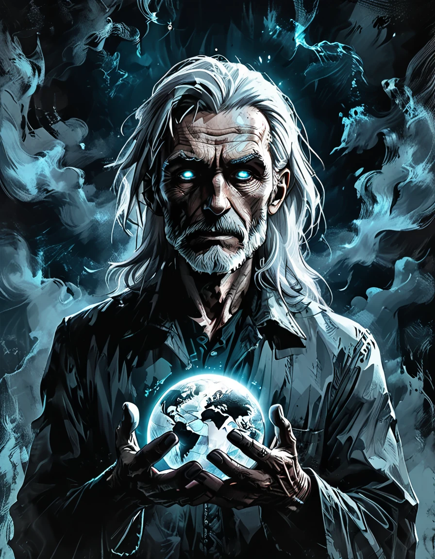 glow ball in hands,dark, dark atmosphere, deep shadow, shadow, spirit,
Elderly Man holds in his hands the planet earth, outer space, vishai, a giant grandfather between whose hands is the earth, geometric composition,, Elderly, [Nordic] anorexic , Long gray hair, Old white skin, Round glow blue eyes, Oval faces, anorexic small neck, Thin nude Lips, Bold Tapered gray Eyebrows, snub nose, Hunched Shoulders, Slim Thighs, anorexic Slim arms legs and breast, High Angled Cheekbones, Hollow Cheeks, Rounded Chin, Rounded Jawline, Attached Pointed ears, round forehead,       graphic style of novel comics, perfect hands, 2d,
8k, hyperrealism, masterpiece, high resolution, best quality, ultra-detailed, super realistic, Hyperrealistic art, high-quality, ultra high res, highest detailed, lot of details, Extremely high-resolution details, incredibly lifelike, colourful, soft cinematic light,