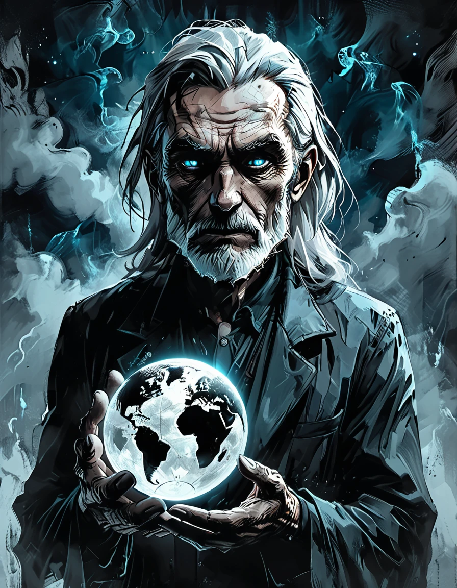 glow ball in hands,dark, dark atmosphere, deep shadow, shadow, spirit,
Elderly Man holds in his hands the planet earth, outer space, vishai, a giant grandfather between whose hands is the earth, geometric composition,, Elderly, [Nordic] anorexic , Long gray hair, Old white skin, Round glow blue eyes, Oval faces, anorexic small neck, Thin nude Lips, Bold Tapered gray Eyebrows, snub nose, Hunched Shoulders, Slim Thighs, anorexic Slim arms legs and breast, High Angled Cheekbones, Hollow Cheeks, Rounded Chin, Rounded Jawline, Attached Pointed ears, round forehead,       graphic style of novel comics, perfect hands, 2d,
8k, hyperrealism, masterpiece, high resolution, best quality, ultra-detailed, super realistic, Hyperrealistic art, high-quality, ultra high res, highest detailed, lot of details, Extremely high-resolution details, incredibly lifelike, colourful, soft cinematic light,