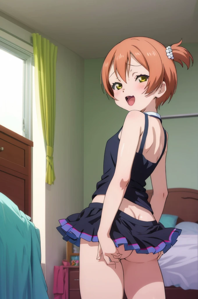 ,,rin hoshizora , ,open mouth,looking viewer,,petie,nsfw,miniskirt,,panties,my room,ass,from back