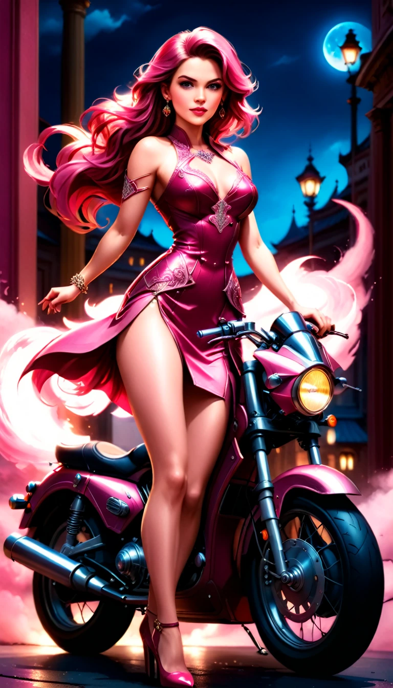 an intricate picture of an exquisite woman standing near her legendary vintage (pink motorcycle: 1.3), a glam beautiful, woman, medium hair cut, dynamic color hair, intense gaze, elegant intricate dress, (burgundy red dress: 1.3), standing near her epic vintage (pink motorcycle: 1.3), it is night time, moon light, some clouds, there is an entrance to torch lit entrance to a palace in the background, ral-embroideredpatch, best details, best quality, 16k, [ultra detailed], masterpiece, best quality, (extremely detailed), dynamic angle, full body shot, drkfntasy