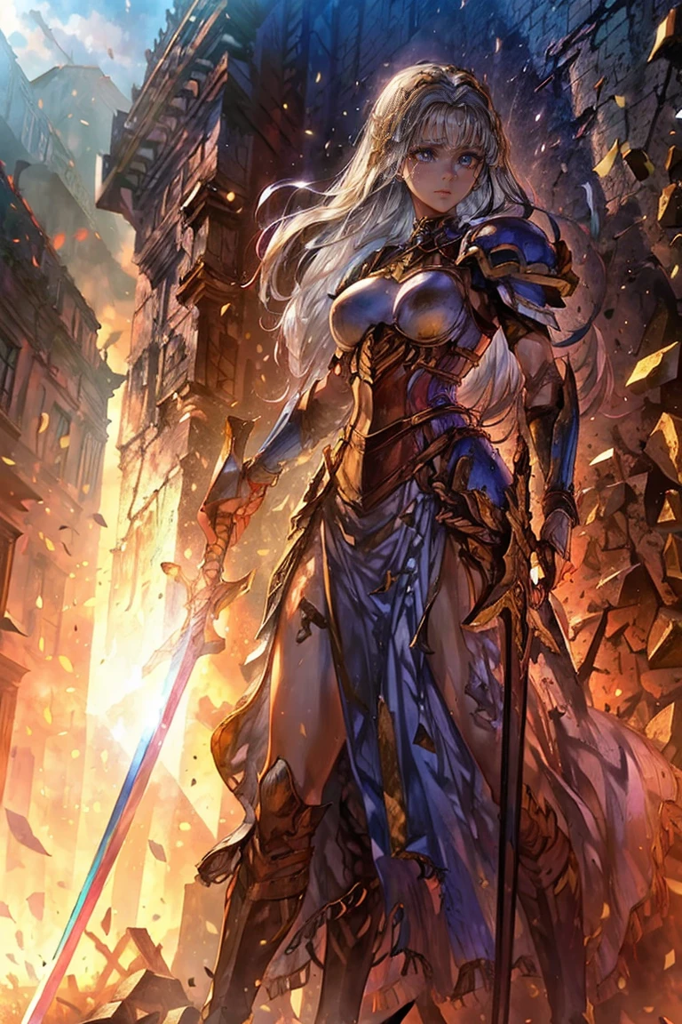 ((Woman, standing on a ruined building, close-up, realistic)) realistic visuals, artistic sophistication, captivating beauty, dramatic contrasts, 8k wallpaper, absurdity, incredible absurdity, golden armor, gadaxintai gaodanvshen, (holding silver sword)), hair floating in the air, ((in battle))