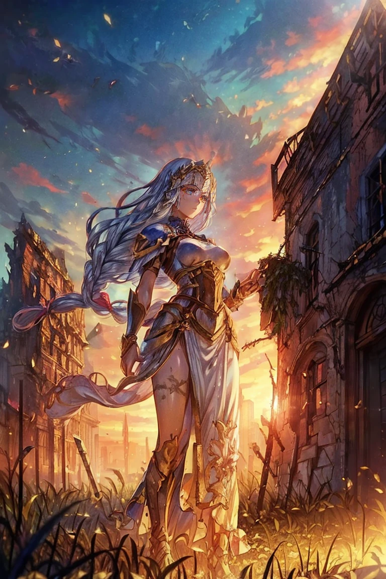 ((Woman, standing on a ruined building, close-up, realistic)) realistic visuals, artistic sophistication, captivating beauty, dramatic contrasts, 8k wallpaper, absurdity, incredible absurdity, golden armor, gadaxintai gaodanvshen, (holding silver sword)), hair floating in the air, ((in battle))