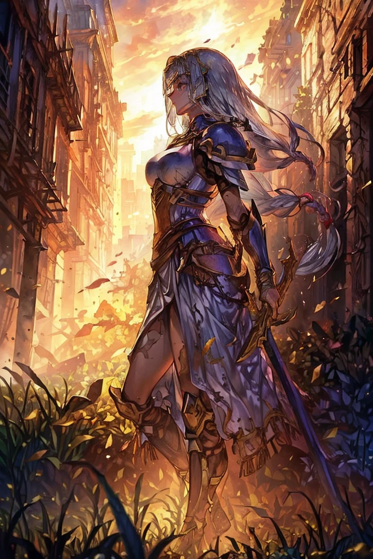((Woman, standing on a ruined building, close-up, realistic)) realistic visuals, artistic sophistication, captivating beauty, dramatic contrasts, 8k wallpaper, absurdity, incredible absurdity, golden armor, gadaxintai gaodanvshen, (holding silver sword)), hair floating in the air, ((in battle))