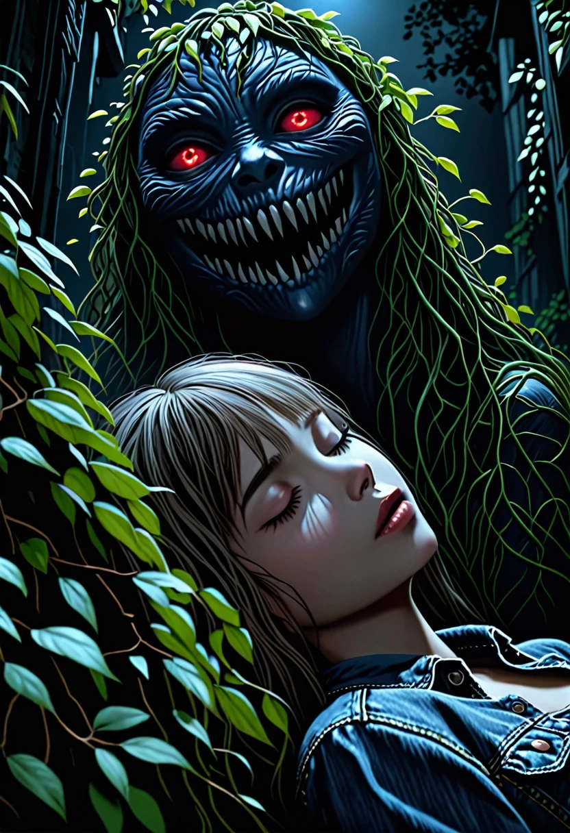 A beautiful young woman in a denim skirt, sleeping peacefully, her eyes closed and mouth slightly open, surrounded by tree branches and large green vines around her neck. In the dark background, an unknown, ominous monster lurks in the shadows of a dimly lit night alley, creating an unsettling atmosphere.
(best quality,4k,8k,highres,masterpiece:1.2),ultra-detailed,(realistic,photorealistic,photo-realistic:1.37),1girl,beautiful detailed eyes,beautiful detailed lips,extremely detailed eyes and face,longeyelashes,denim skirt,sleeping,closed eyes,open mouth,tree branches,big green vines,dark unknown monster,dark night alley,realistic,intricate details,cinematic lighting,moody atmosphere