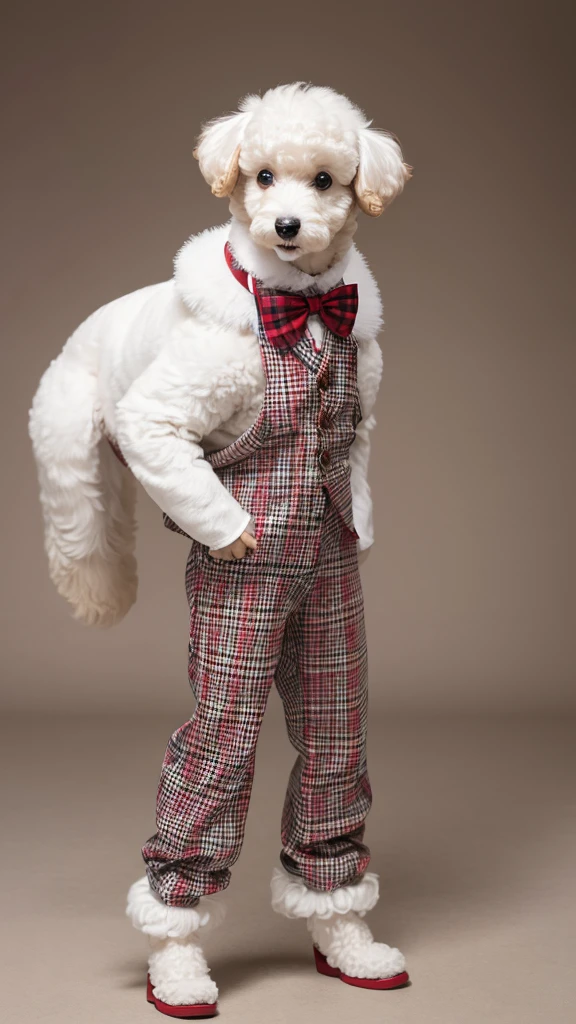 A pure white Toy Poodle standing on two legs, wearing a tartan check vest with a red bow tie and brown pants. The style is unique, with detailed fur texture in high resolution. The background is grey.