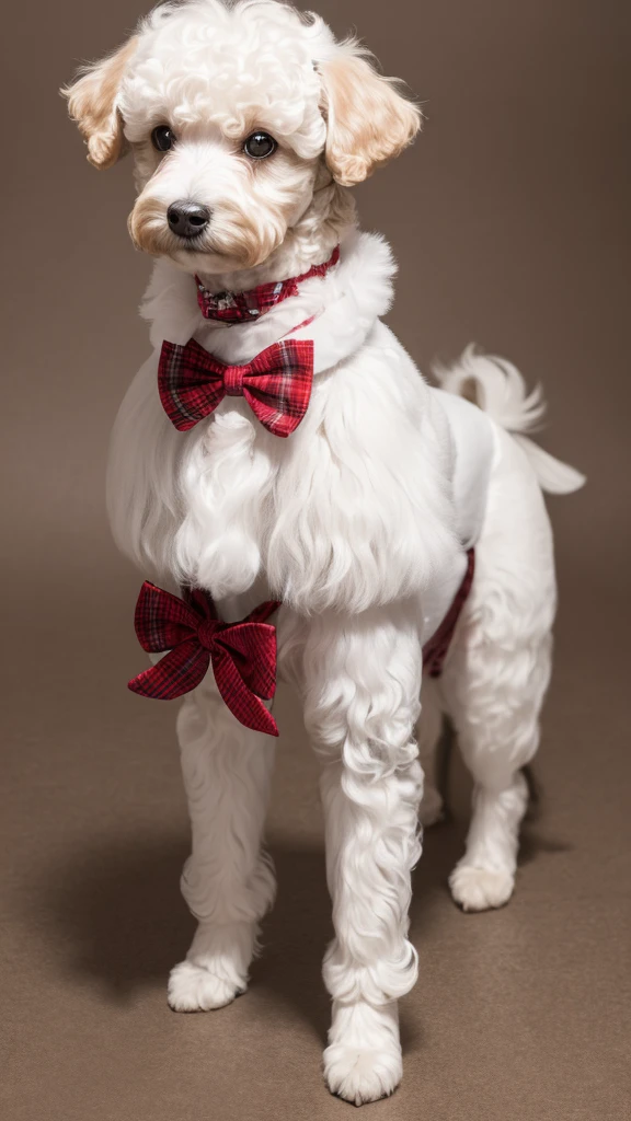A pure white Toy Poodle standing on two legs, wearing a tartan check vest with a red bow tie and brown pants. The style is unique, with detailed fur texture in high resolution. The background is grey.