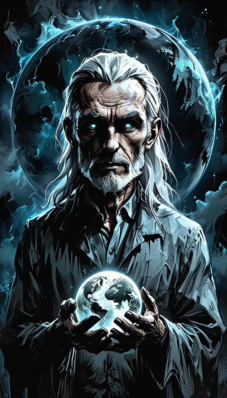 glow ball in hands,dark, dark atmosphere, deep shadow, shadow, spirit,
Elderly Man holds in his hands the planet earth, outer space, vishai, a giant grandfather between whose hands is the earth, geometric composition,, Elderly, [Nordic] anorexic , Long gray hair, Old white skin, Round glow blue eyes, Oval faces, anorexic small neck, Thin nude Lips, Bold Tapered gray Eyebrows, snub nose, Hunched Shoulders, Slim Thighs, anorexic Slim arms legs and breast, High Angled Cheekbones, Hollow Cheeks, Rounded Chin, Rounded Jawline, Attached Pointed ears, round forehead,       graphic style of novel comics, perfect hands, 2d,
8k, hyperrealism, masterpiece, high resolution, best quality, ultra-detailed, super realistic, Hyperrealistic art, high-quality, ultra high res, highest detailed, lot of details, Extremely high-resolution details, incredibly lifelike, colourful, soft cinematic light,