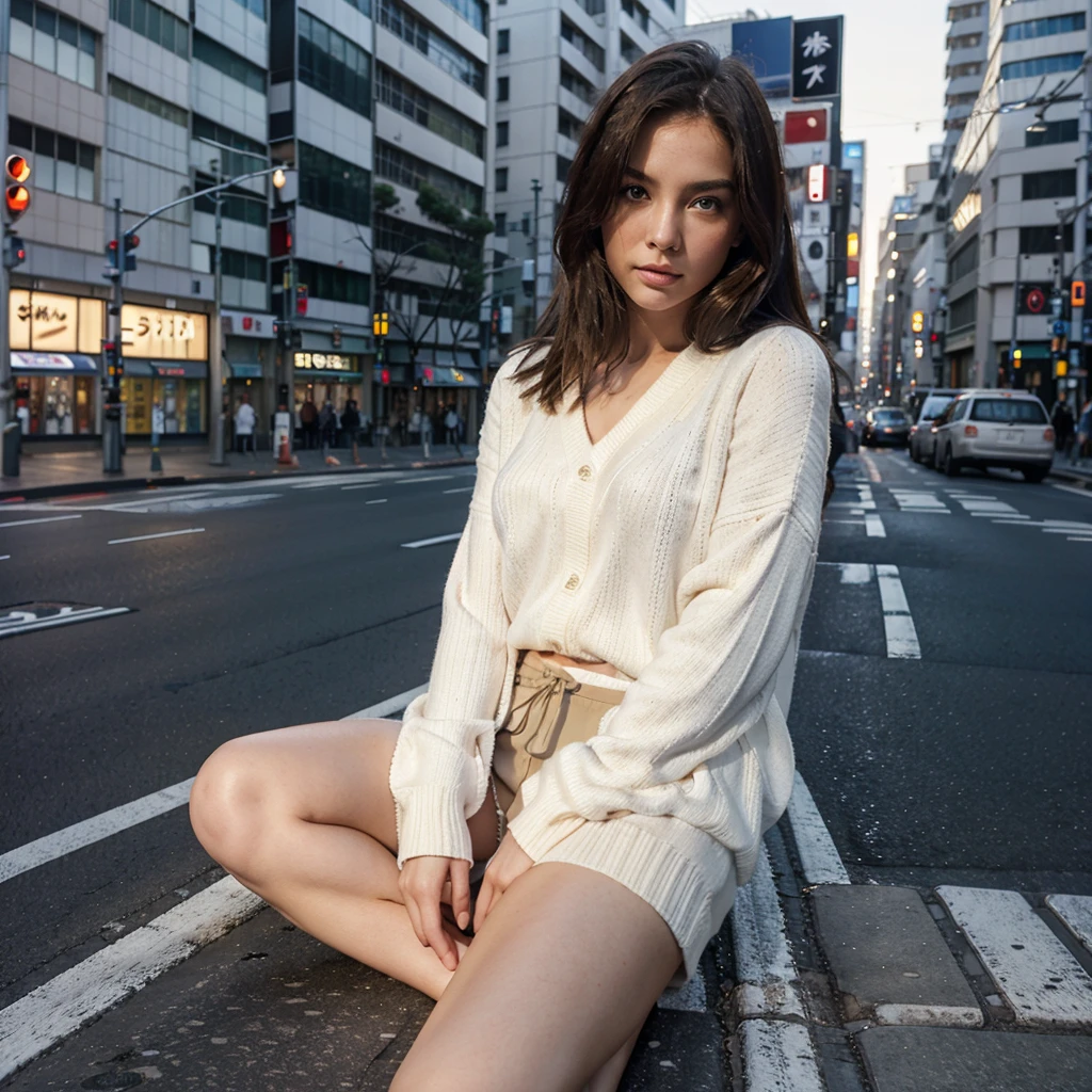 Female supermodel. White sweater. Sitting in the middle of road. Dim, soft lighting. Sunset. Chuo-dori Avenue, Tokyo, Japan.