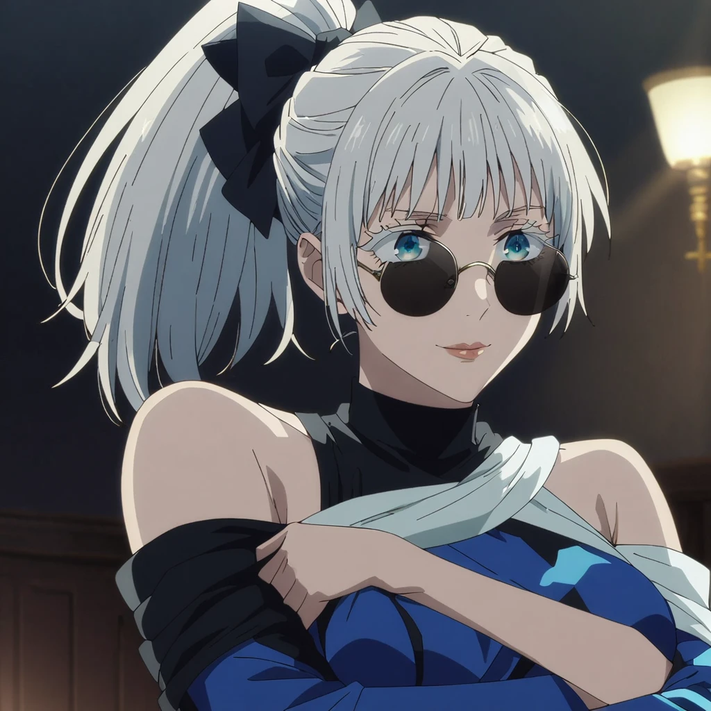 1girl, female gojo satoru, anime screencap from jujutsu kaisen, gojo satoru female version, solo, long_hair, blue eyes, ((white eyelashes)), ((white_hair)), night view, breasts, upper_body, smile, indoors, book, bangs, blue_eyes, lips, (wearing round sunglasses) , ((her hairstyle : The character in the image has white hair)) wearing black color party dress, bare shoulder, breast, "very detailed and high resolution" (blue eyes) ((cross arms))  (high ponytail) ((solo))