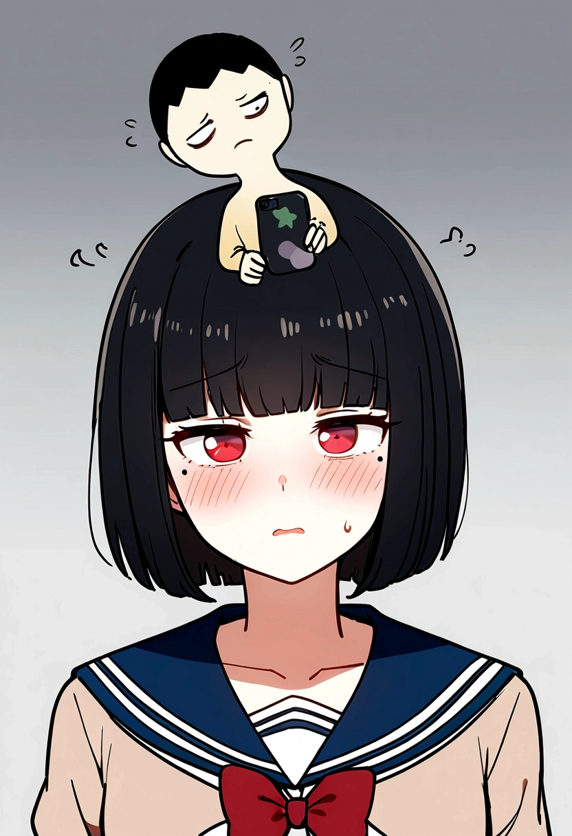 One Girl、Face Up、Looking at the iPhone、high school girl、anime、hoodie、Black Hair、Blunt bangs、Drunk Eyes、Sailor suit、Red eyes、Bobcut、two-tone hair、 High resolution, 1 Girl, Korean, Small mole under eye,Drooping eyes、
