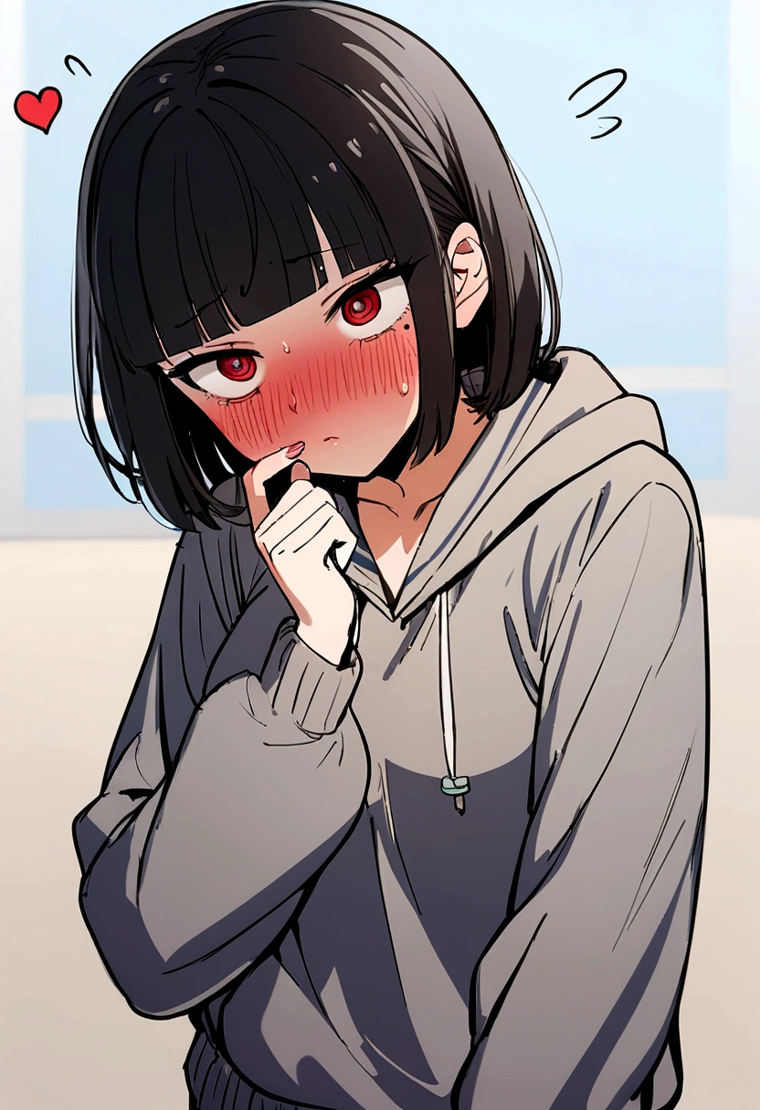 One Girl、Face Up、Looking at the iPhone、high school girl、anime、hoodie、Black Hair、Blunt bangs、Drunk Eyes、Sailor suit、Red eyes、Bobcut、two-tone hair、 High resolution, 1 Girl, Korean, Small mole under eye,Drooping eyes、