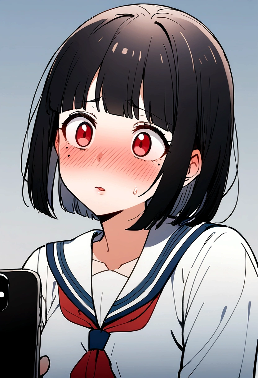 One Girl、Face Up、Looking at the iPhone、high school girl、anime、hoodie、Black Hair、Blunt bangs、Drunk Eyes、Sailor suit、Red eyes、Bobcut、two-tone hair、 High resolution, 1 Girl, Korean, Small mole under eye,Drooping eyes、