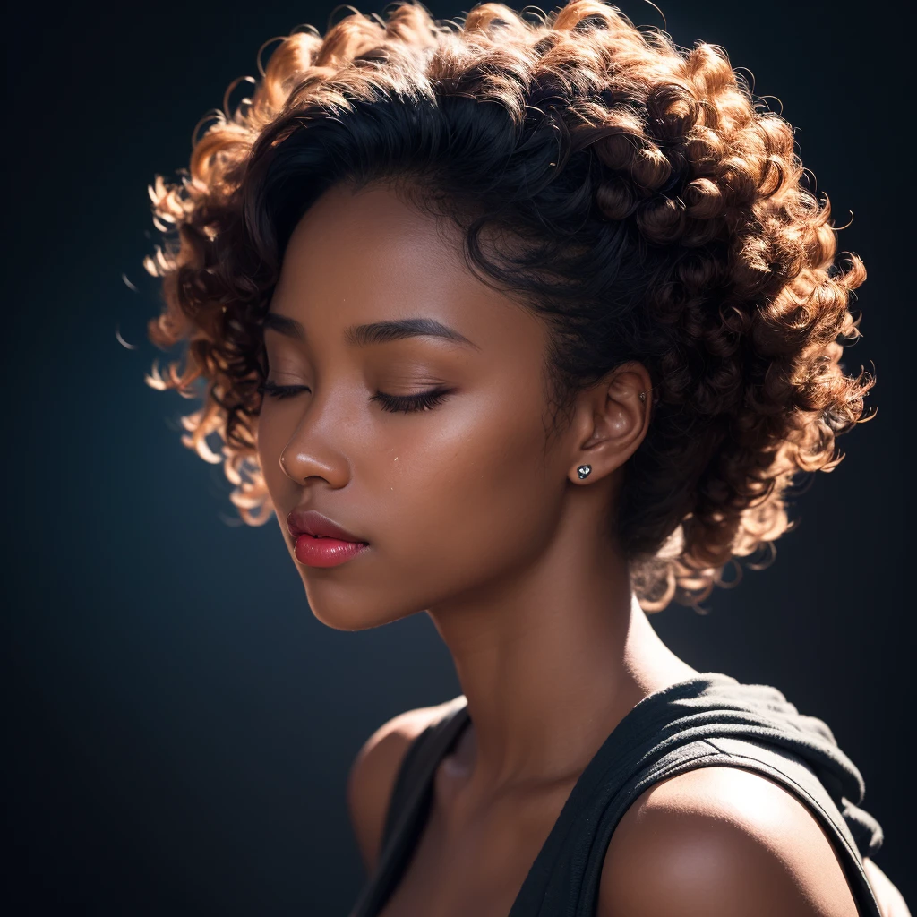 one beautiful girl, ebony skin, light African skin, curly hair, red lips, eyes closed, face dirty with dust and blood, away from the camera, showing from the waist up, perfect body, blue light reflecting on their face from the side, black background, realistic, work of art