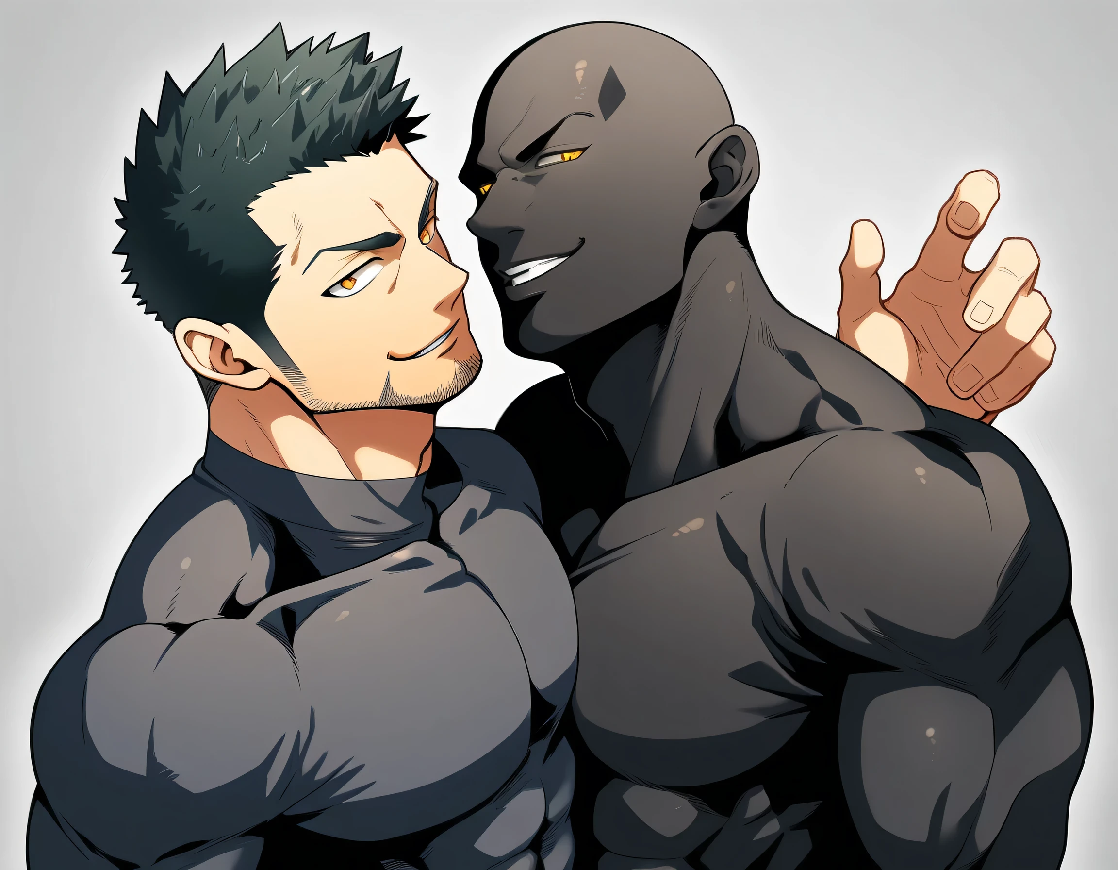 anime characters:Two superheroes in tights, Priapus and Muscle skinhead buddhist monk, negro black skin, They hugged and kissed each other, Bite your neck, Caress, Manliness, male focus, Yellow and black high collar long sleeve tight T-shirt, Slightly transparent material, Very tight, Round, full and perky chest muscles, Muscle waist, Slightly transparent, muscular male, muscular, only, Upper body, alone, Black short hair, Thick eyebrows, stubble, Yellow eyes, Grey background, simple background, amazing quality, best aesthetics, Ridiculous, bright pupils, crew cut, parted lips, seductive smile, torogao, naughty face, drop shadow, best quality