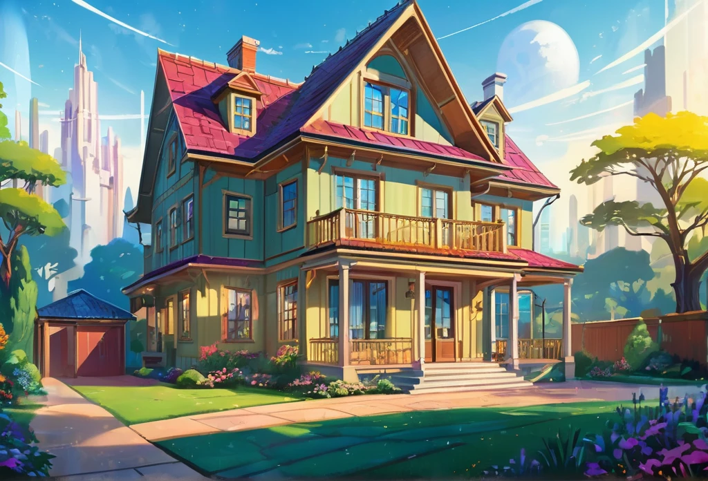 A house, big, spaceus, modern, in an estate, other buildings in the environment (masterpiece best quality:1.2) delicate illustration ultra-detailed,  (disney-related event) detailed background, illustrations, bright, colourful, 