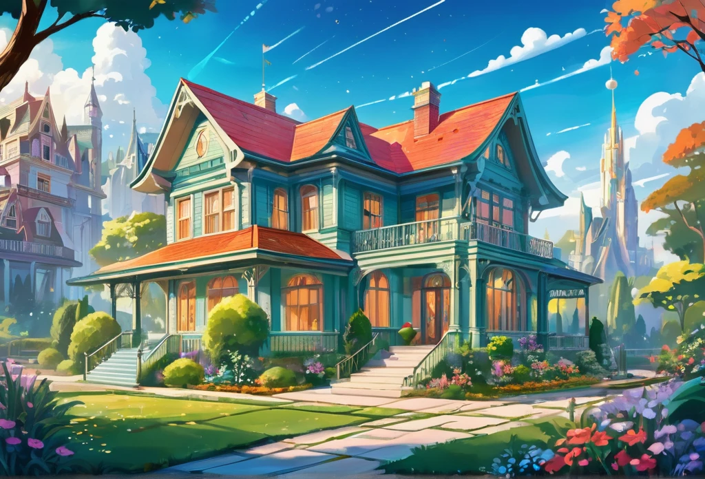 A house, big, spaceus, modern, in an estate, other buildings in the environment (masterpiece best quality:1.2) delicate illustration ultra-detailed,  (disney-related event) detailed background, illustrations, bright, colourful, 