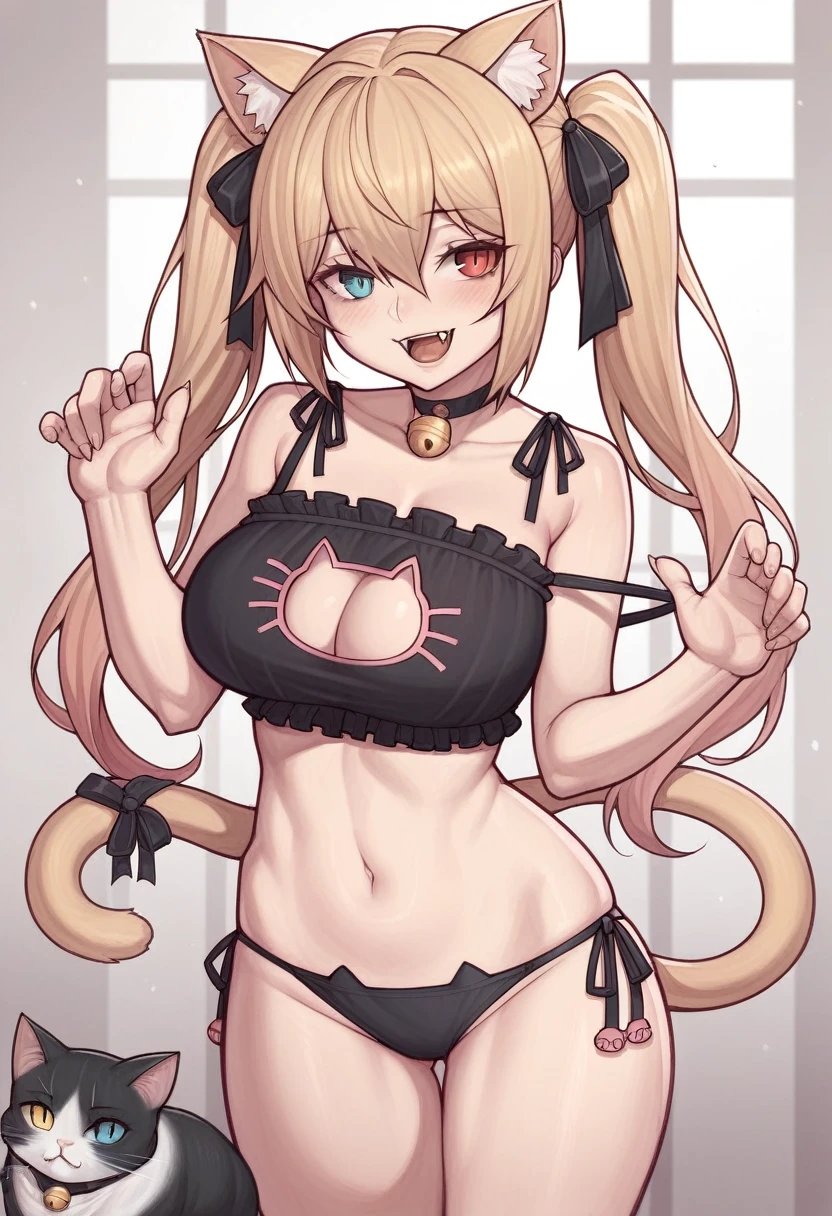 _asura style, 1girl, breasts, solo, animal_ears, virtual_youtuber, red_hair, cat_cutout, heterochromia, cat_ears, houshou_marine, clothing_cutout, underwear, tail, red_eyes, bell, cat_lingerie, cleavage_cutout, twintails, looking_at_viewer, open_mouth, cat_tail, fangs, panties, blush, navel, cleavage, choker, black_panties, large_breasts, meme_attire, smile, neck_bell, jingle_bell, yellow_eyes, bra, collarbone, long_hair, black_bra, underwear_only, ribbon, bangs, hair_ribbon, :d, frills, bare_shoulders, animal_ear_fluff, black_choker, frilled_bra, black_background, hair_between_eyes, strap_slip, :3, cat_ear_panties, cowboy_shot