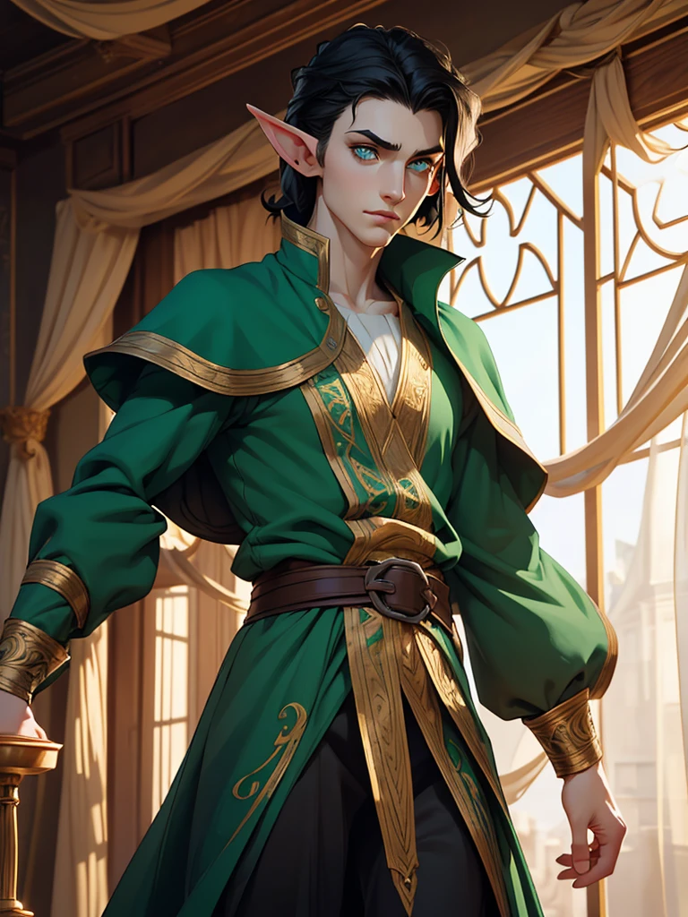 (best quality), 1boy, pale skin, black hair, medium hair, curtain hair, tousled hair, green eyes, perfect eyes, dark circles under eyes, tall, slender, handsome, strong jawline, lazy, light smile, attractive, (elf), pointed ears, fantasy clothes, masterpiece, anatomically correct, highres
