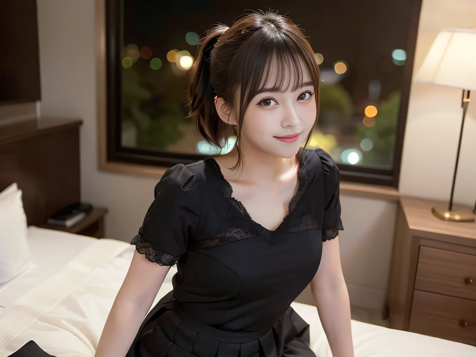 (Highest quality, masterpiece, Ultra-high resolution, 8K, RAW Photos, Realistic, Anatomically correct:1.5), 20-year-old girl:1.2, Embarrassing, avert your eyes, blush:1.0, View Viewer, ((Hotel Rooms)) 、Night view、 Light:1.2, Bokeh, Cinema Lighting:1.0, Depth of written boundary, sharp、 Cute face、Idol、Black short sleeve lace top、Black pleated skirt、Black clothing、”dwarf”、(Floral clothes)、(Full Body Shot)、Side angle、Cowboy Shot、 smile、(Ultra short hair、Short ponytail)、(Straight bangs)、((See-through))、(( One Girl))、Large Breasts、Dynamic pose、Sexy pose、