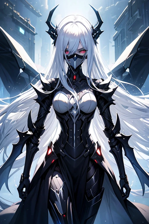 Mechanical Woman、Slender body、Cold Eyes、Long white hair、A mask that covers half the face、A precision mechanical exoskeleton that combines creatures and dragons.、Multiple arms、A mechanical demon that stands in the way of humanity on the day of catastrophe