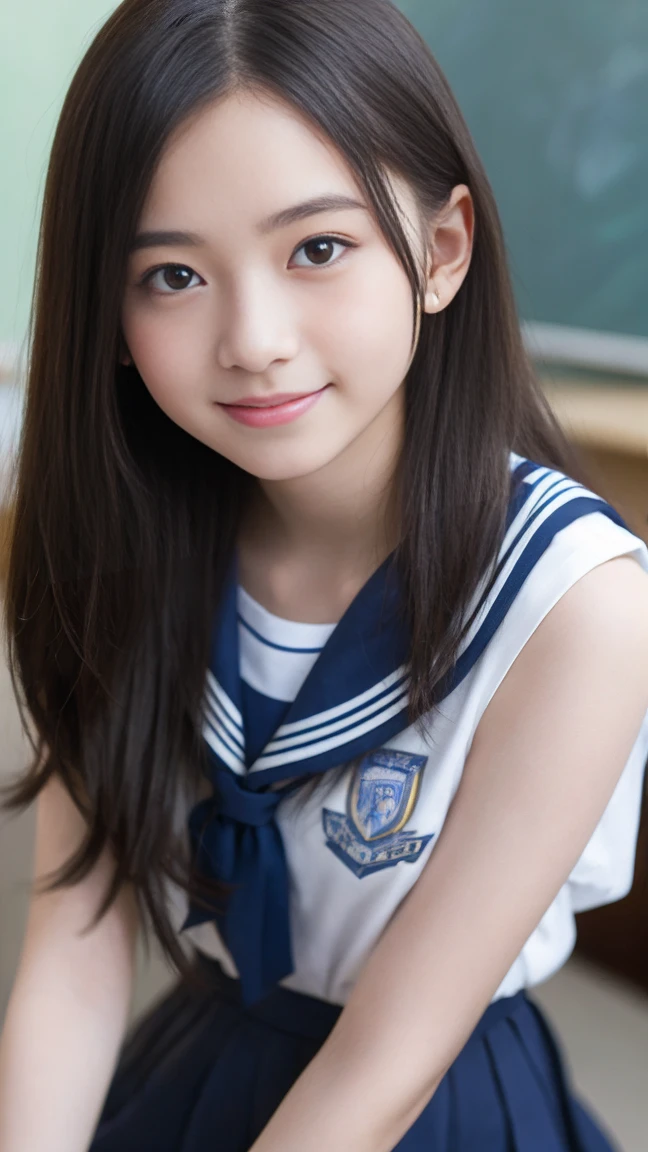 (masterpiece, Highest quality:1.2), 8K, Young and beautiful girl, 85mm,Official AR RAW Photos, Baby Face、Clothes are big、Show me your ears、photo shoot, Cute face, Thighs, Classroom after school, Looking at the audience, Embarrassing、smile、 makeup, Film Grain, chromatic aberration, Sharp focus, Face Light, Bright lighting, 10 generations, Detailed face, Background Blur、((((((18 year old high school girl))))))、Tight waist、Sailor suit、Not wearing a skirt、pubic hair、vagina/Pussy