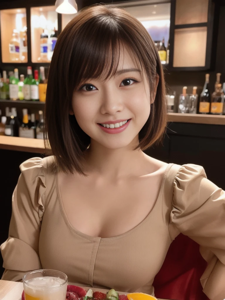 1 ultra cute japanese girl, ,short hair:1.5, part-time job at a bar, detailed face, ultra detailed eyes, incredible beautiful eyes, symmetry dropped eyes, charming eyes, No makeup, big smile, Enthusiastic belly laugh, open mouth, best quality, 4k, 8k, highres, masterpiece, ultra-detailed, realistic, photorealistic, photo-realistic, HDR, UHD, studio lighting, ultra-fine painting, sharp focus, physically-based rendering, extreme detail description, professional, vivid colors, bokeh