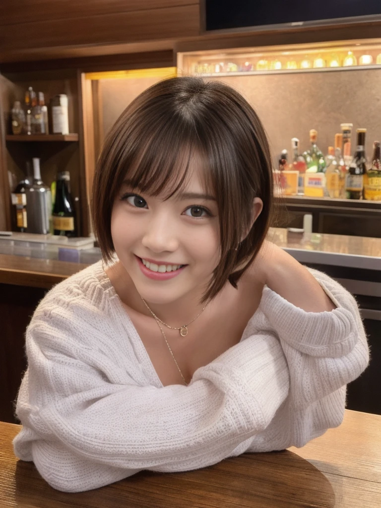 (Female bartender serving beautiful cocktails at dimly lit bar counter,),((( naked、Nipples、pussy、Big Breasts)))、Japan Idol Girl、Laughter、(Reddish brown straight bob cut hair、hairpin)、Big Breasts、(((Pour ice into a shiny glass container,、Enjoy a colorful, summery blue cocktail.,))),Beautiful fingers,Beautiful fingers先,Staring at the audience、