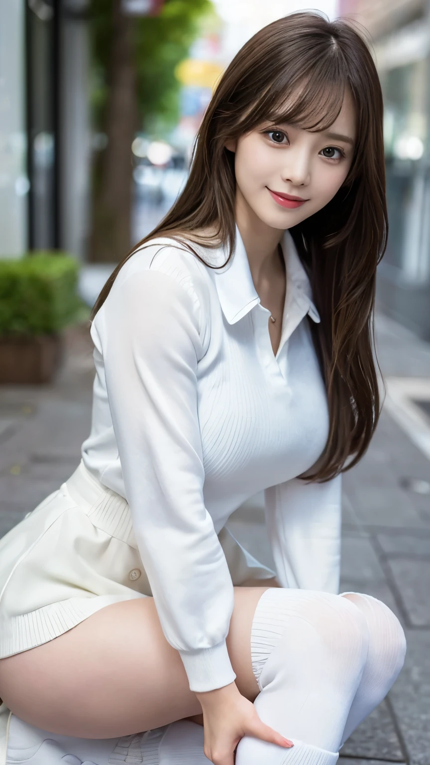 (Detailed skin:1.2),(Shiny skin:1.1),8K,Highest quality, masterpiece, Ultra-high resolution,(Realistic:1.4), RAW Photos,(Soft saturation:1.3),(Fair skin:1.2),Japanese Idols,repair,20 years, Light brown hair, (Long Hairstyles:1.2), Asymmetrical Hair, Asymmetrical bangs (Pretty face:1.4), (Large Breasts, Tight waist), Beautiful lighting, Small Head, (Student Uniform:1.2,),((White knee-high socks:1.2)),Highly detailed face, Highly detailed lips, fine grain, double eyelid,(Full Body Shot:1.2), Browsing Caution, (Sharp focus: 1.2), (Perfect Anatomy、Beautiful woman with perfect figure: 1.2)、Exposing cleavage、Model-like pose,Accentuate your leg lines、Smiling