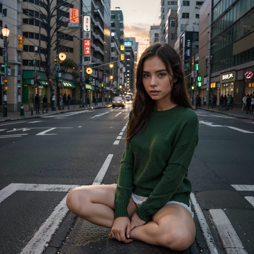 Female supermodel. Green sweater. Sitting in the middle of road. Dim, soft lighting. Sunset. Chuo-dori Avenue, Tokyo, Japan.