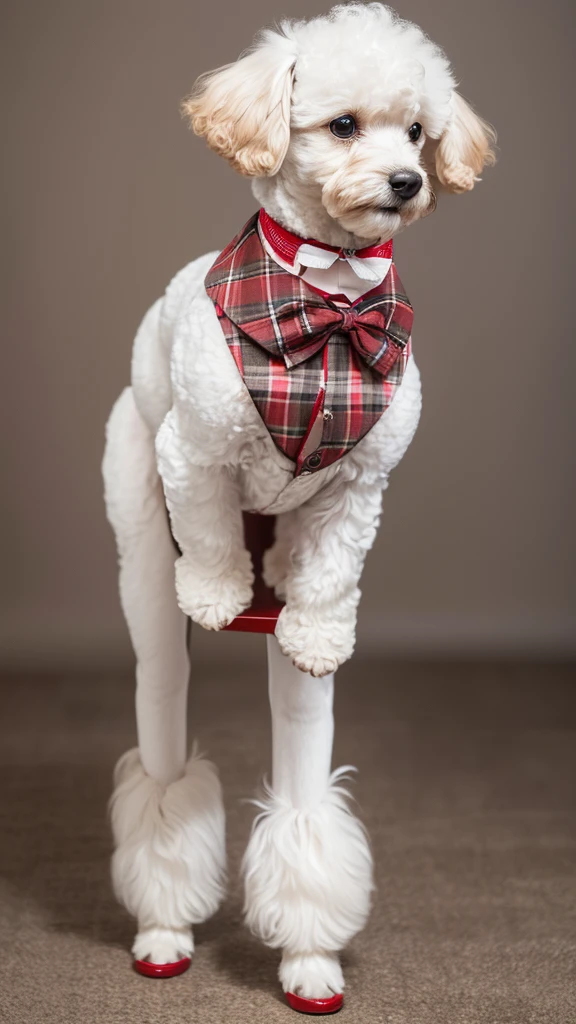 A pure white Toy Poodle standing on two legs, wearing a tartan check vest with a red bow tie and brown pants. The style is unique, with detailed fur texture in high resolution. The background is grey.