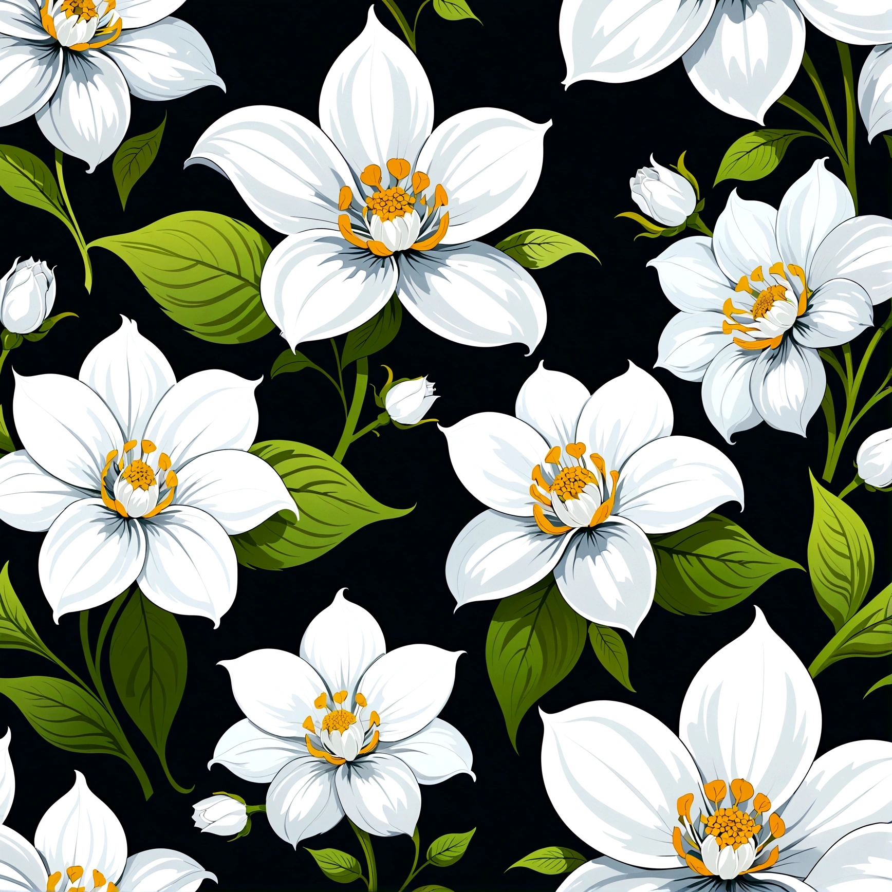 Repeating pattern , flat, Digital printing, Solid color background,vector, Digital printing, Very detailed and clean,White flowers,Hand drawn seamless pattern - tile