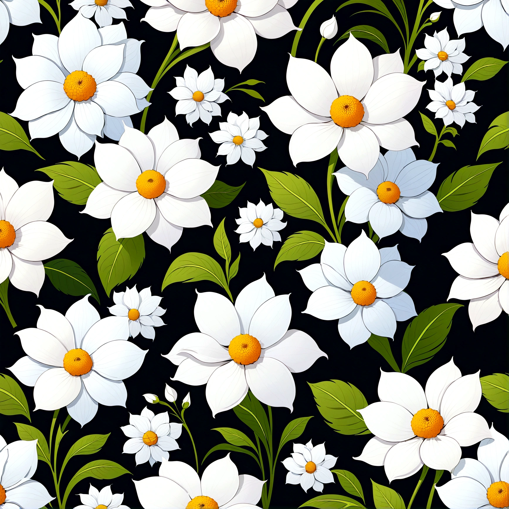 Repeating pattern , flat, Digital printing, Solid color background,vector, Digital printing, Very detailed and clean,White flowers,Hand drawn seamless pattern - tile