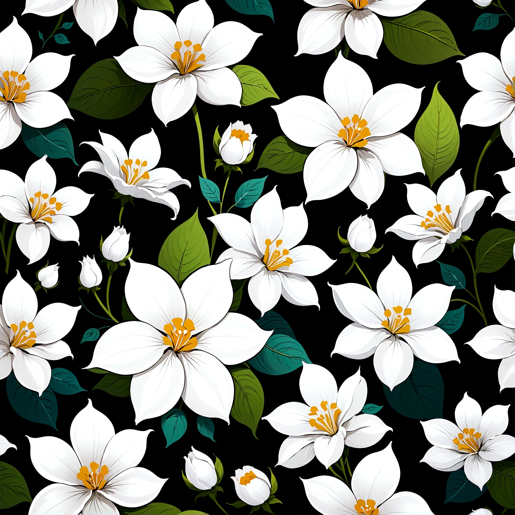 Repeating pattern , flat, Digital printing, Solid color background，vector,  Digital printing, Very detailed and clean,White flowers，Hand drawn seamless pattern - tile